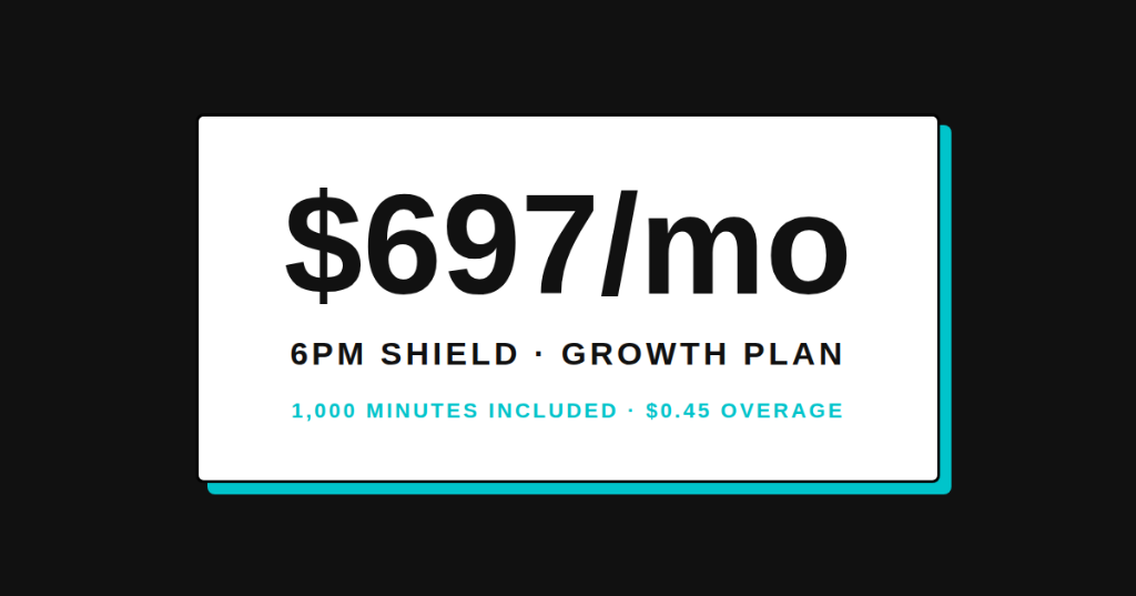 ProProfile 6PM Shield Growth Plan: $697 per month with 1,000 minutes included and $0.45 per minute overage