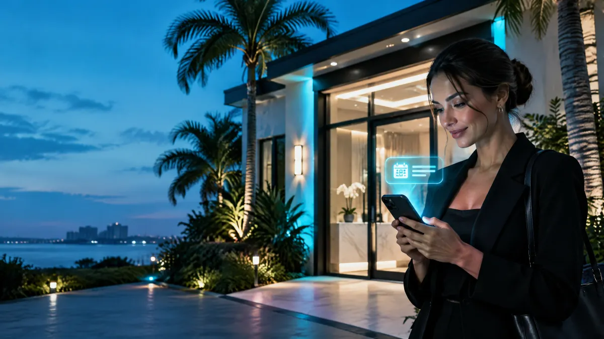Florida med spa at dusk with a phone, website booking page, and cyan after-hours response indicator