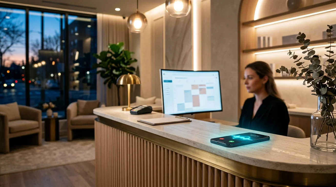 Modern med spa reception desk at dusk with a smartphone displaying an incoming AI call and blurred booking interface