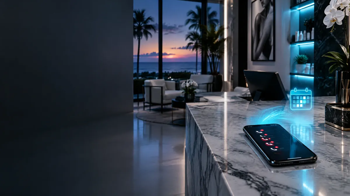 Med spa front desk with an unanswered phone and glowing cyan missed call analytics