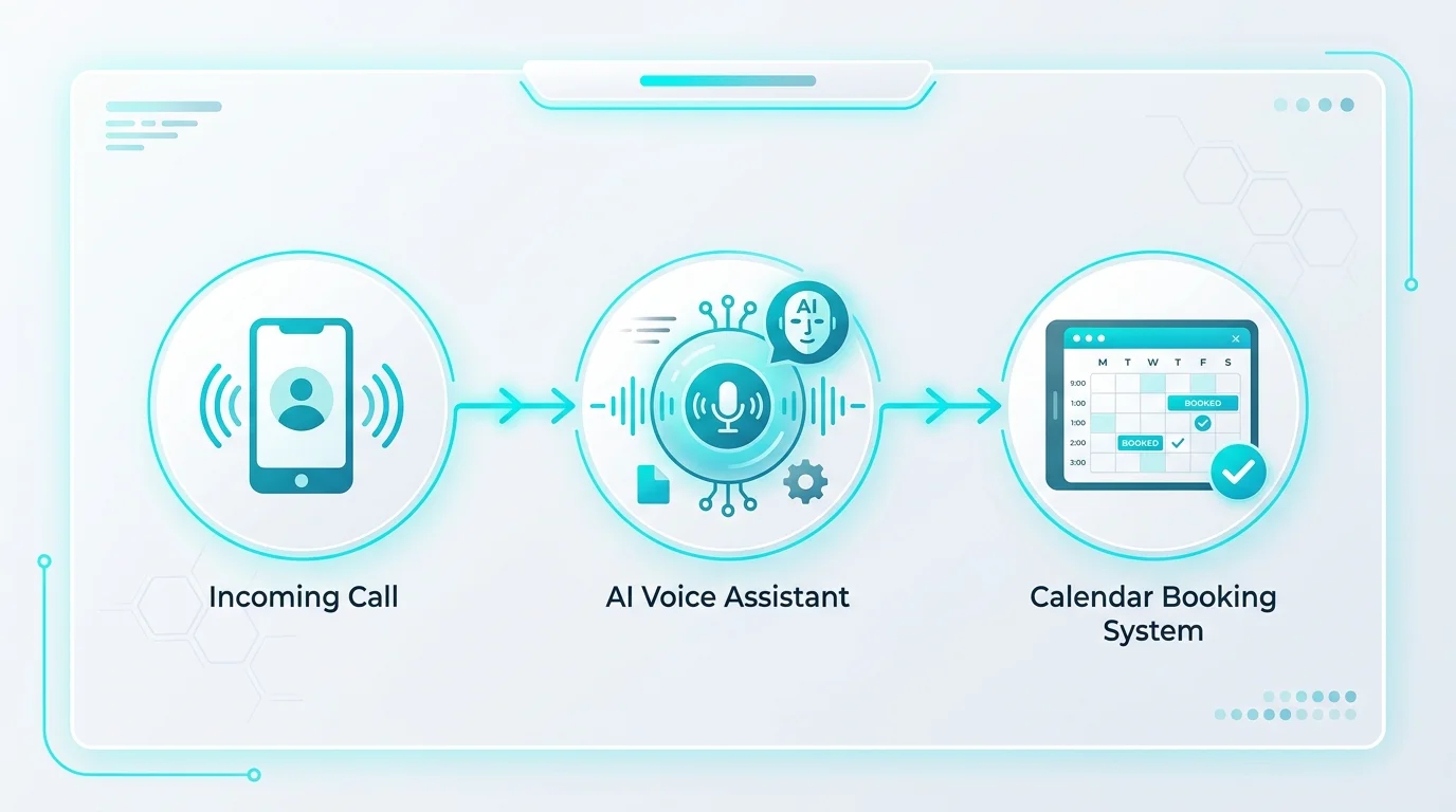 Clean flat-design diagram showing a phone call flowing through an AI voice assistant node into a calendar booking system