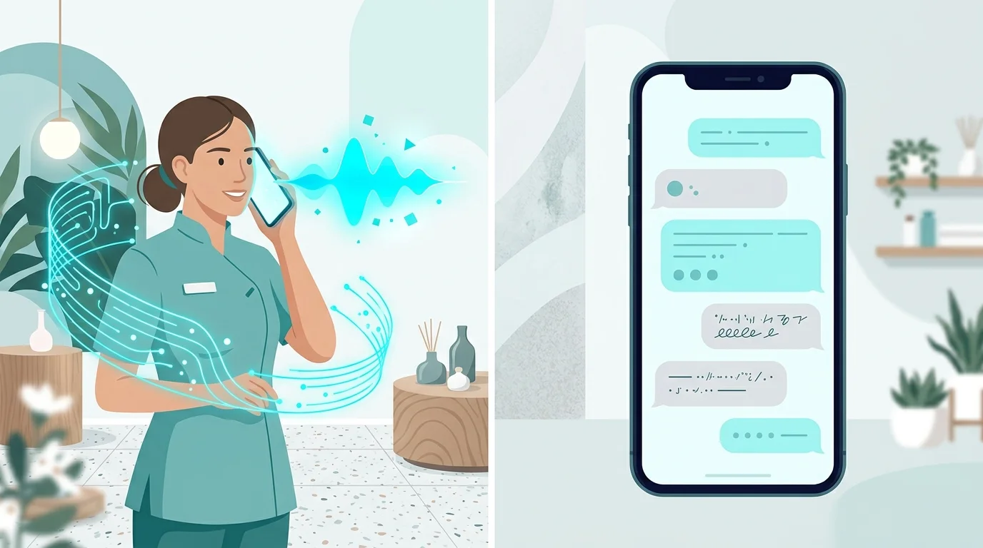 Split editorial illustration contrasting live voice answering versus SMS text follow-up for med spas